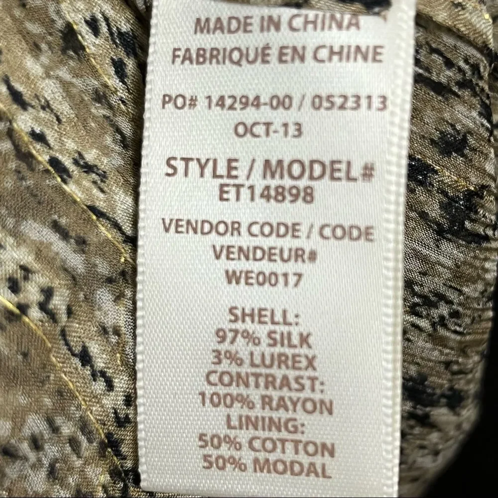 Ella Moss Silk Gold Lynx Sheer Animal Print top M